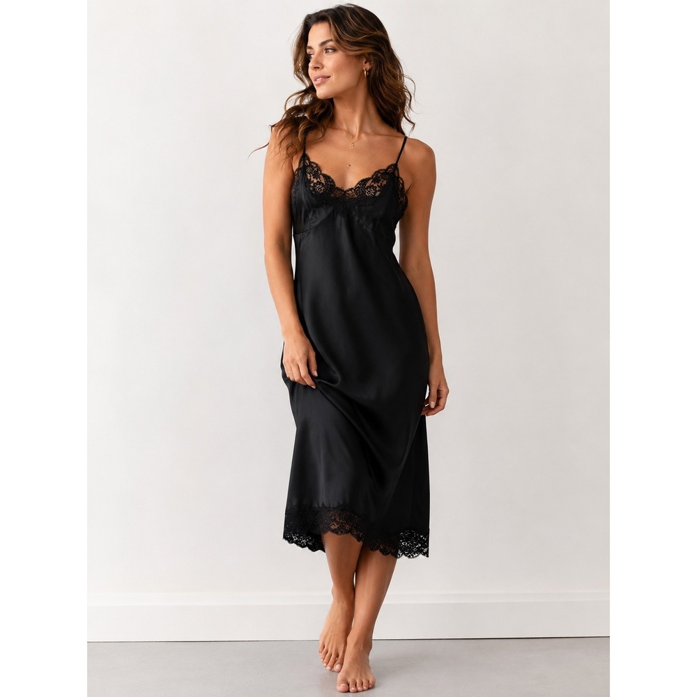 Black Satin Lace Slip Dress Nightgown Lingerie Midi Vintage Inspired Large